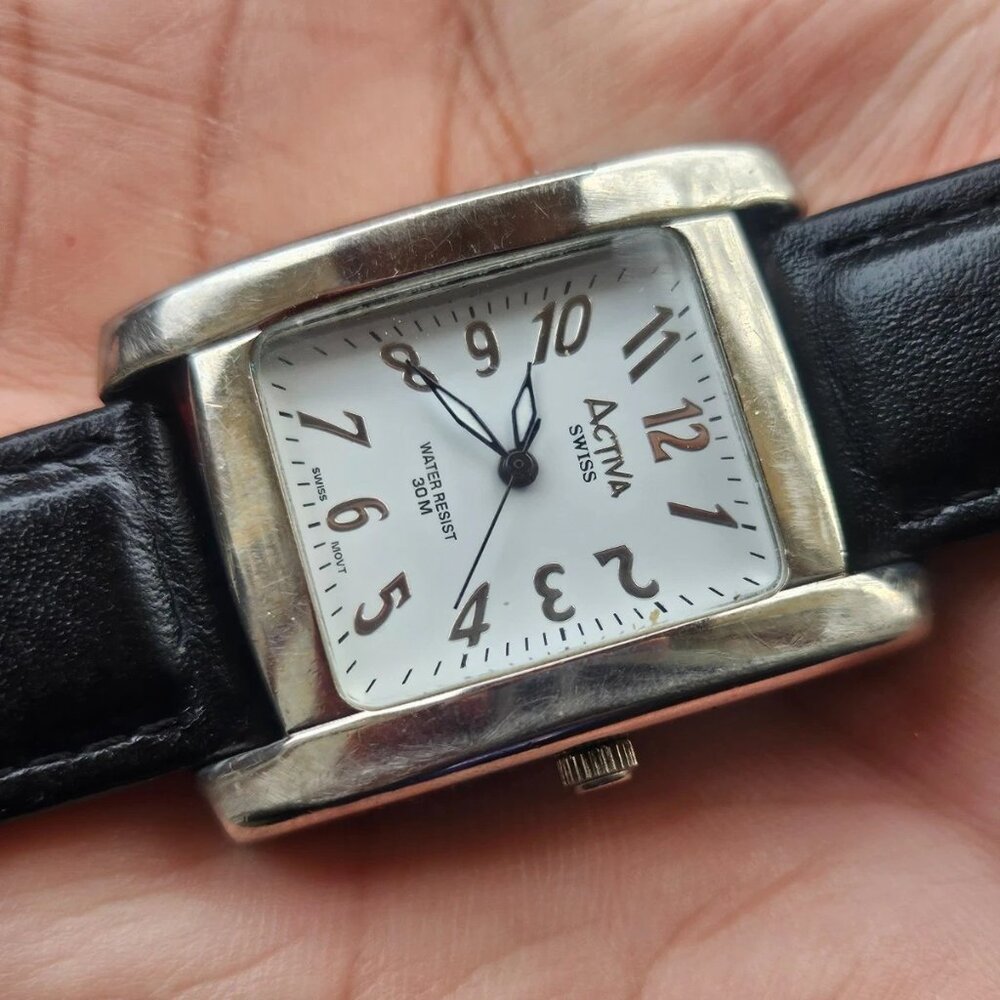 Activa Swiss Ladies Wristwatch Black Leather Strap Quartz Analog Swiss Mov Watch
